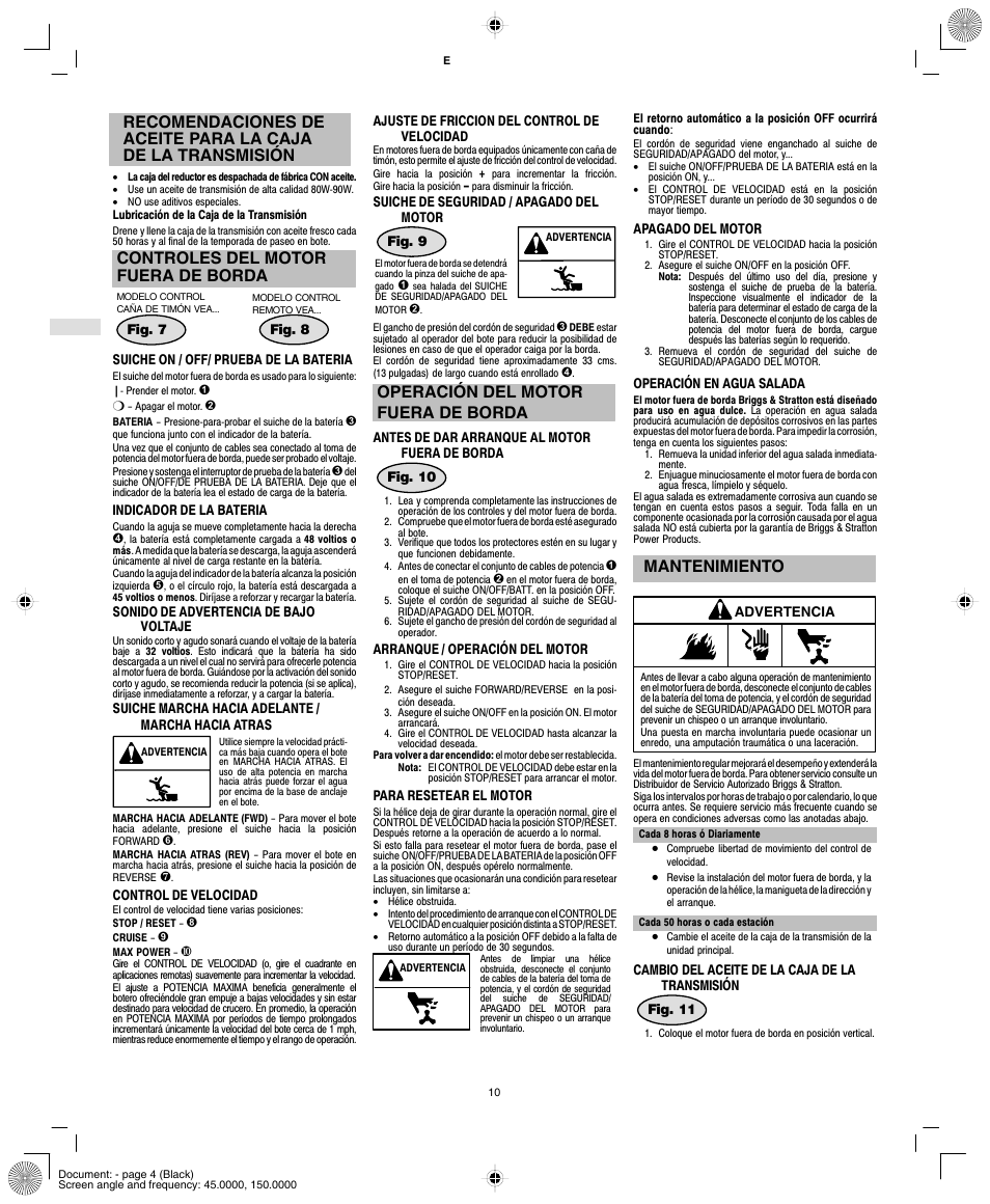 Controles del motor fuera de borda, Operación del motor fuera de borda, Mantenimiento | Briggs & Stratton AA0201-0101 User Manual | Page 12 / 24