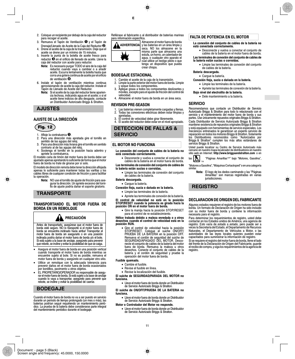 Ajustes, Transporte, Bodegaje | Deteccion de fallas & servicio, Registro | Briggs & Stratton AA0201-0101 User Manual | Page 13 / 24