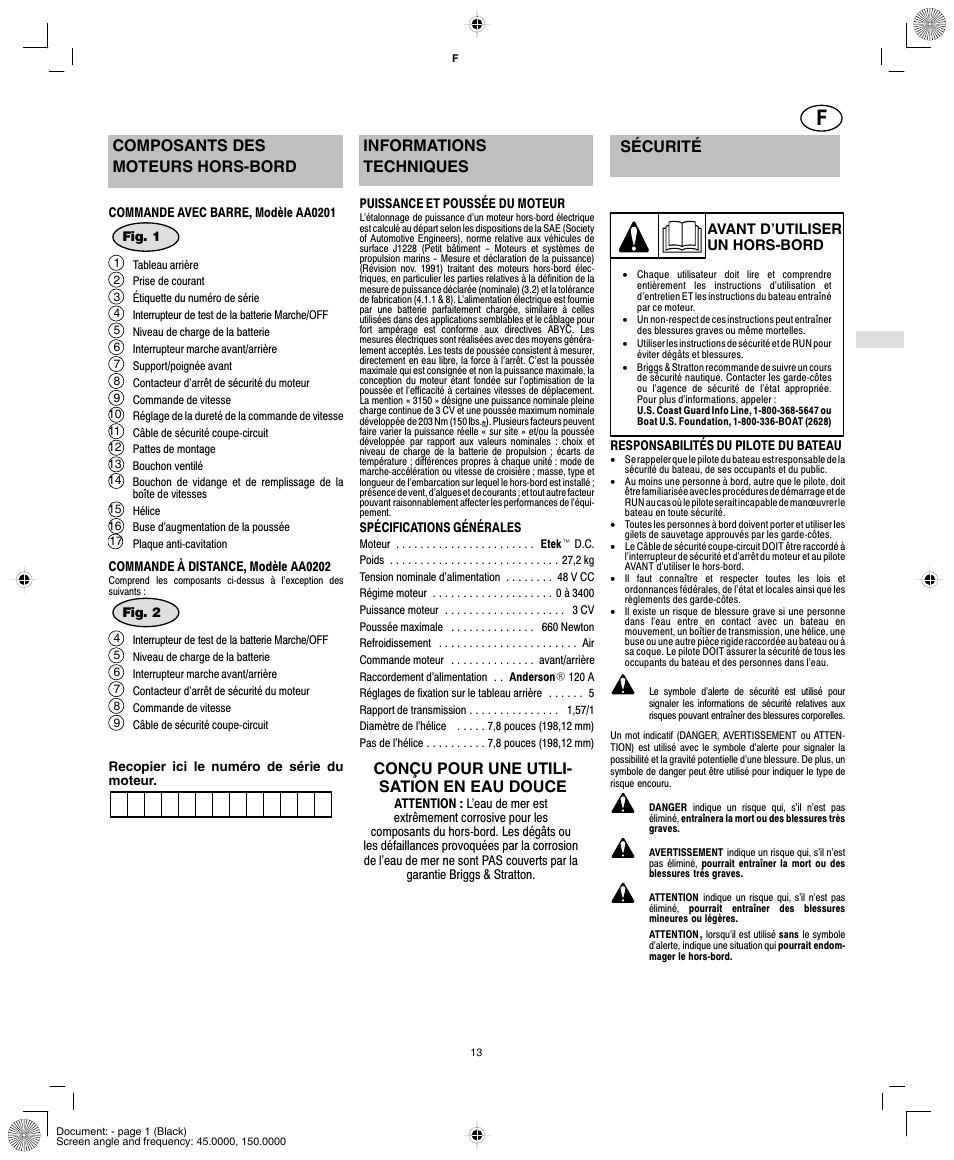 Composants des moteurs hors-bord, Informations techniques, Conçu pour une utili- sation en eau douce sécurité | Briggs & Stratton AA0201-0101 User Manual | Page 15 / 24