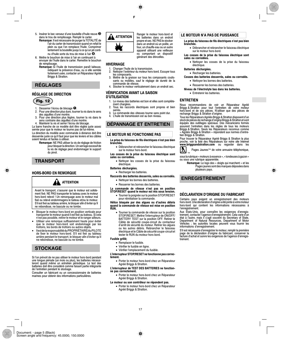 Réglages, Transport, Stockage | Dépannage et entretien, Enregistrement | Briggs & Stratton AA0201-0101 User Manual | Page 19 / 24