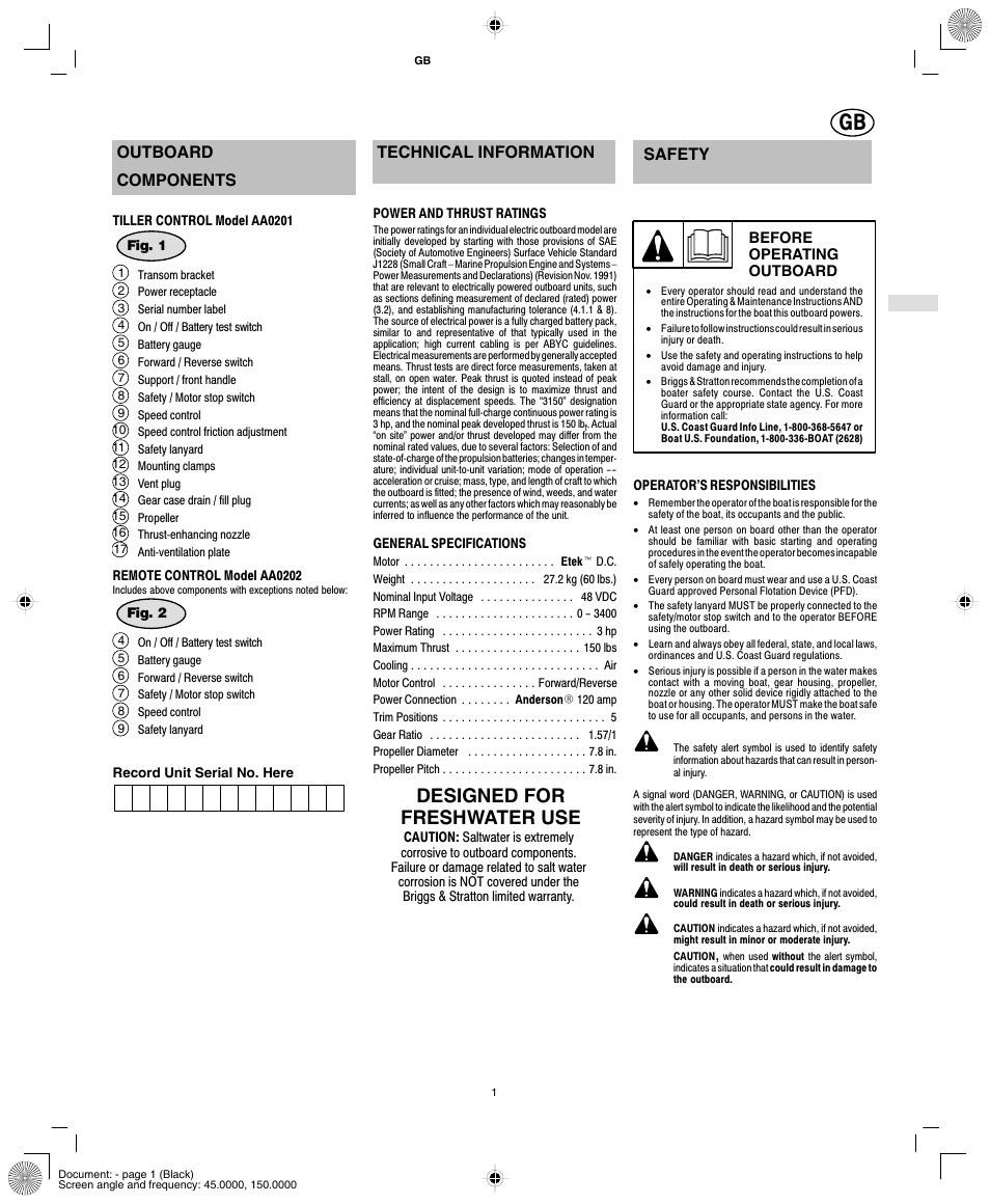 Designed for freshwater use, Outboard components, Technical information | Safety | Briggs & Stratton AA0201-0101 User Manual | Page 3 / 24