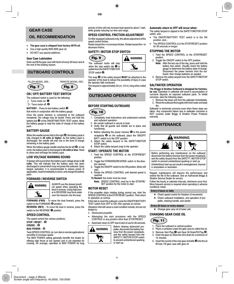 Gear case oil recommendation, Outboard controls, Outboard operation | Maintenance | Briggs & Stratton AA0201-0101 User Manual | Page 6 / 24