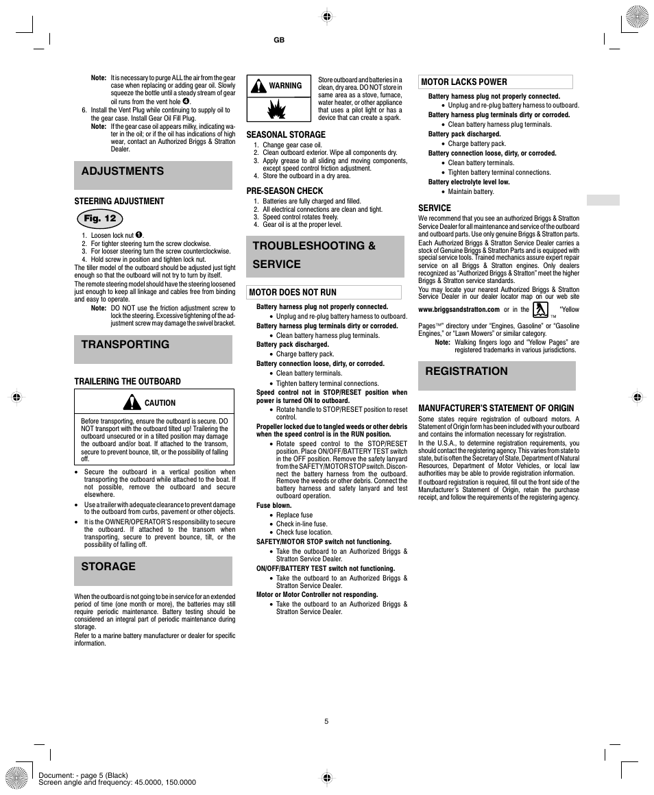 Adjustments, Transporting, Storage | Troubleshooting & service, Registration | Briggs & Stratton AA0201-0101 User Manual | Page 7 / 24