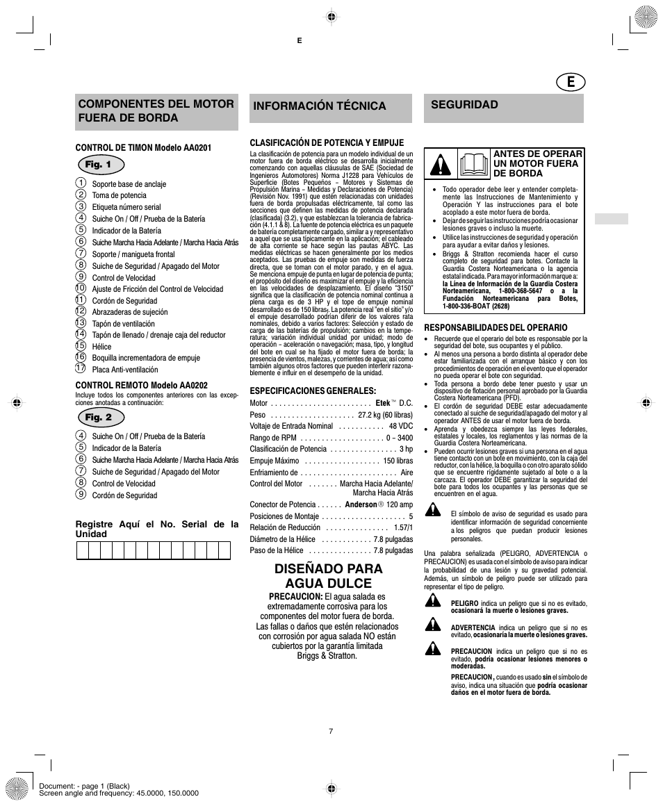 Diseñado para agua dulce, Componentes del motor fuera de borda, Información técnica | Seguridad | Briggs & Stratton AA0201-0101 User Manual | Page 9 / 24