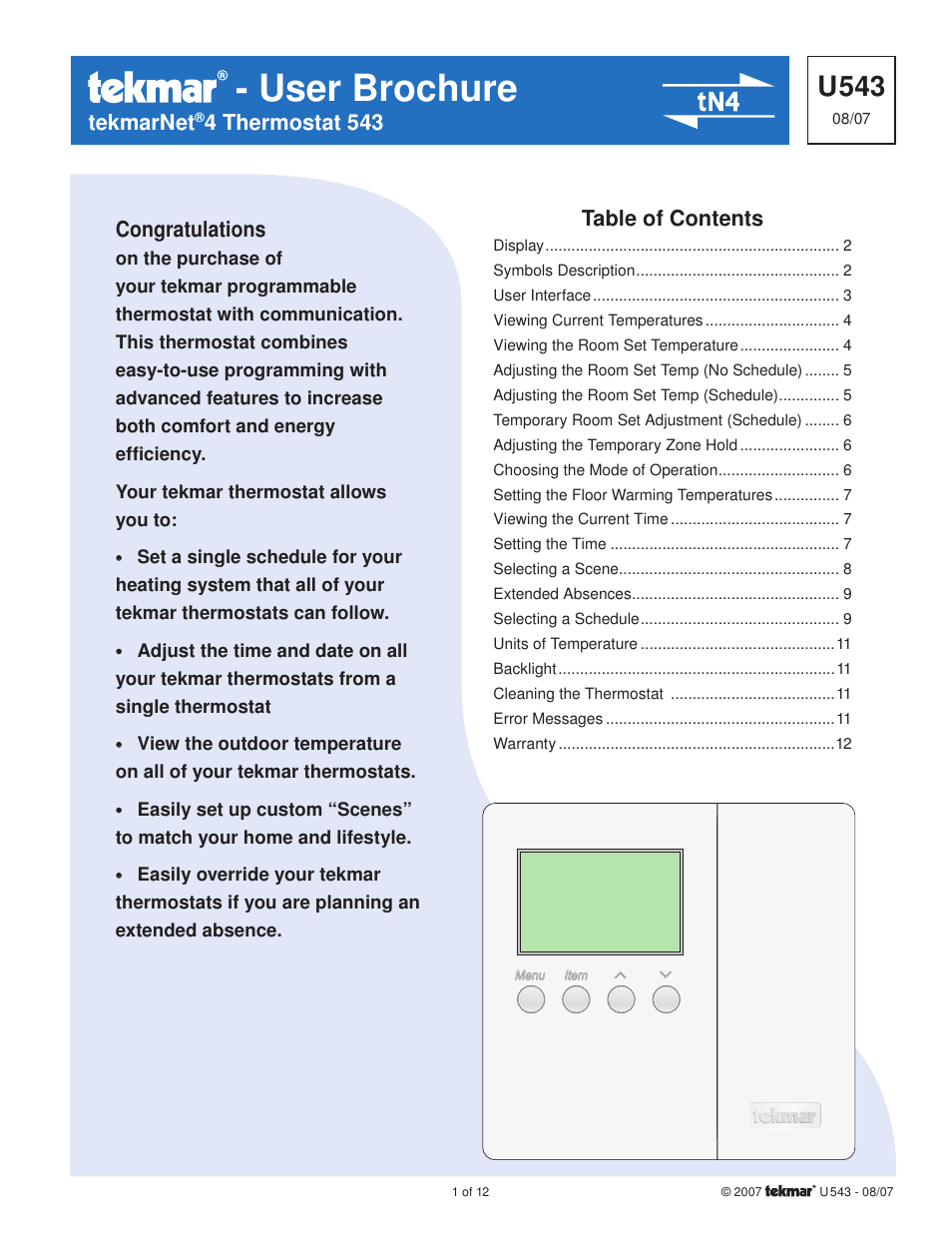 tekmar 543 Thermostat User Manuals User Manual | 12 pages