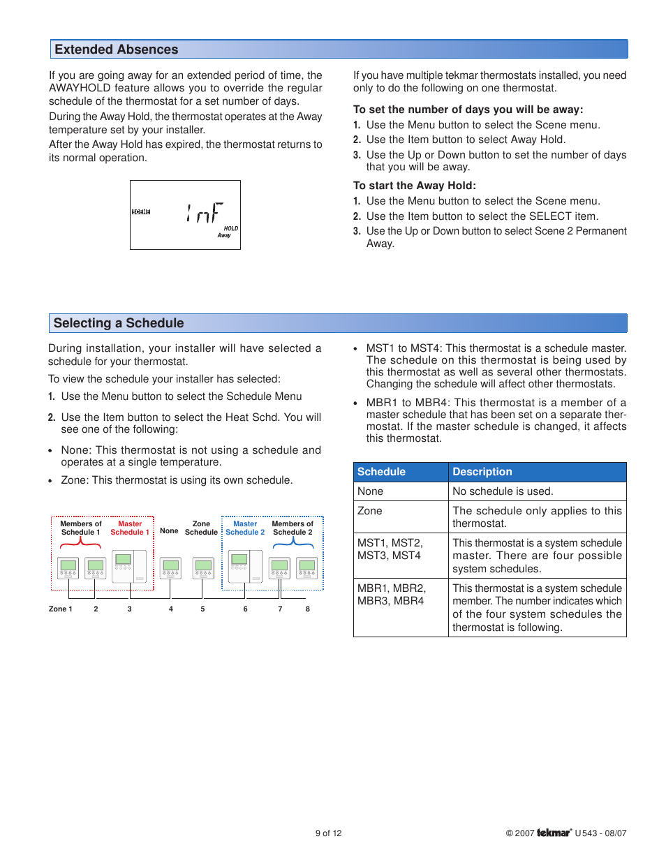 Extended absences, Selecting a schedule | tekmar 543 Thermostat User Manuals User Manual | Page 9 / 12