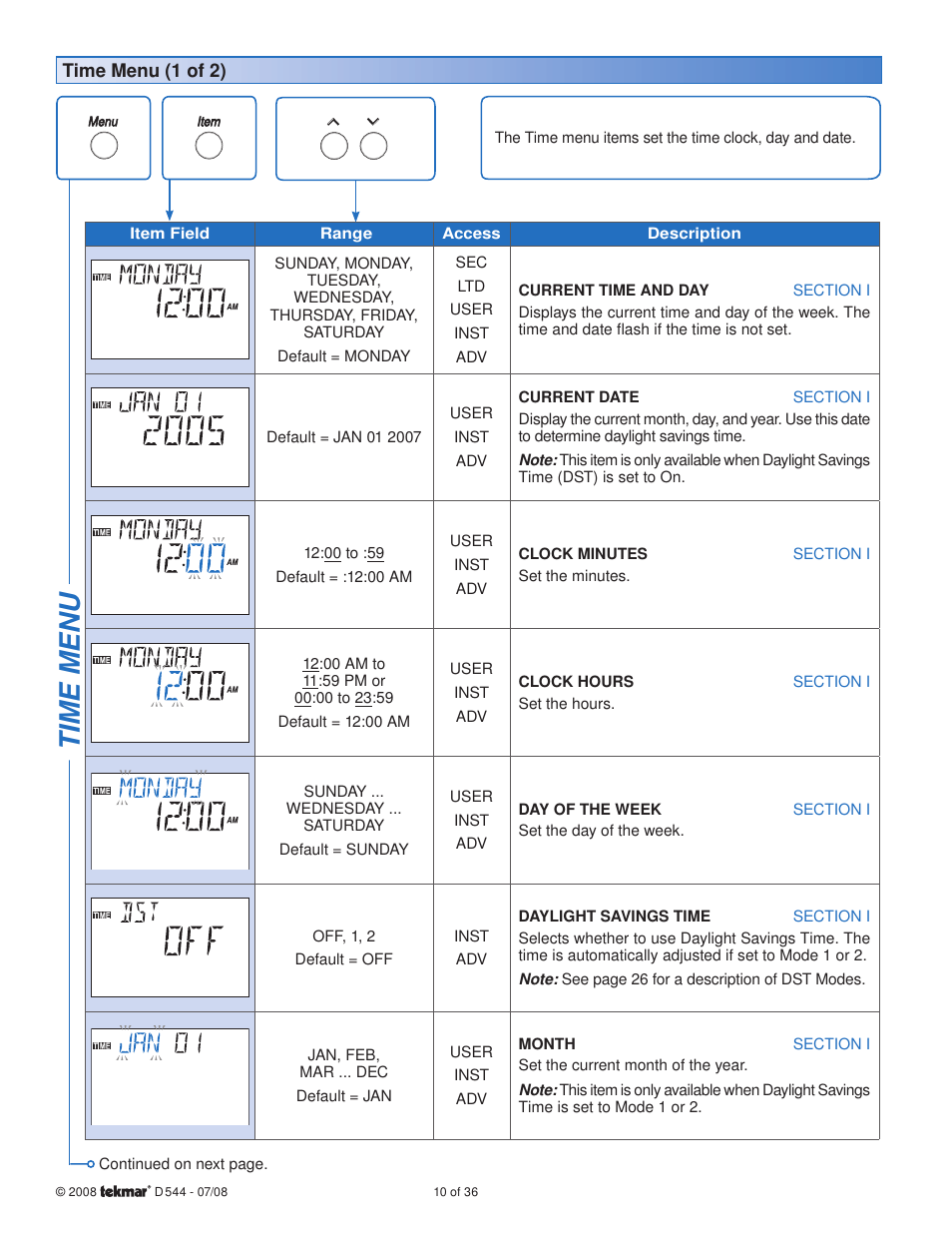 Time menu | tekmar 544 Thermostat Installation User Manual | Page 10 / 36