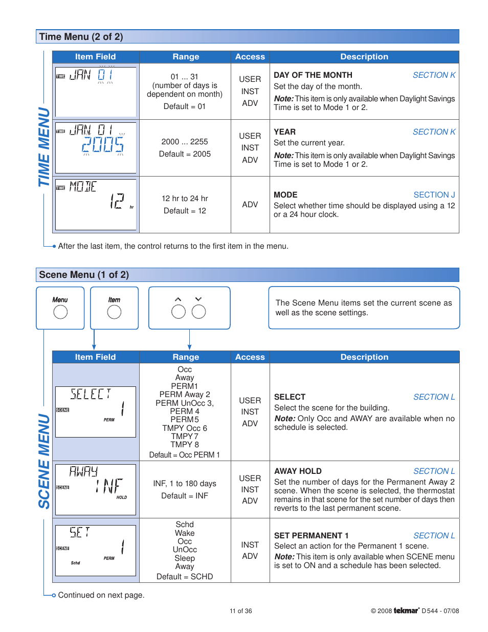 Time menu, Scene menu | tekmar 544 Thermostat Installation User Manual | Page 11 / 36