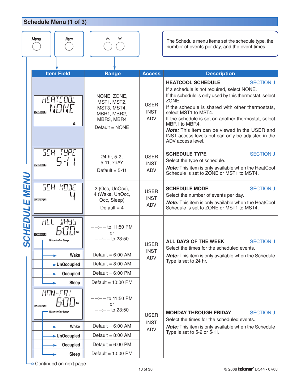 Sc hedule menu | tekmar 544 Thermostat Installation User Manual | Page 13 / 36