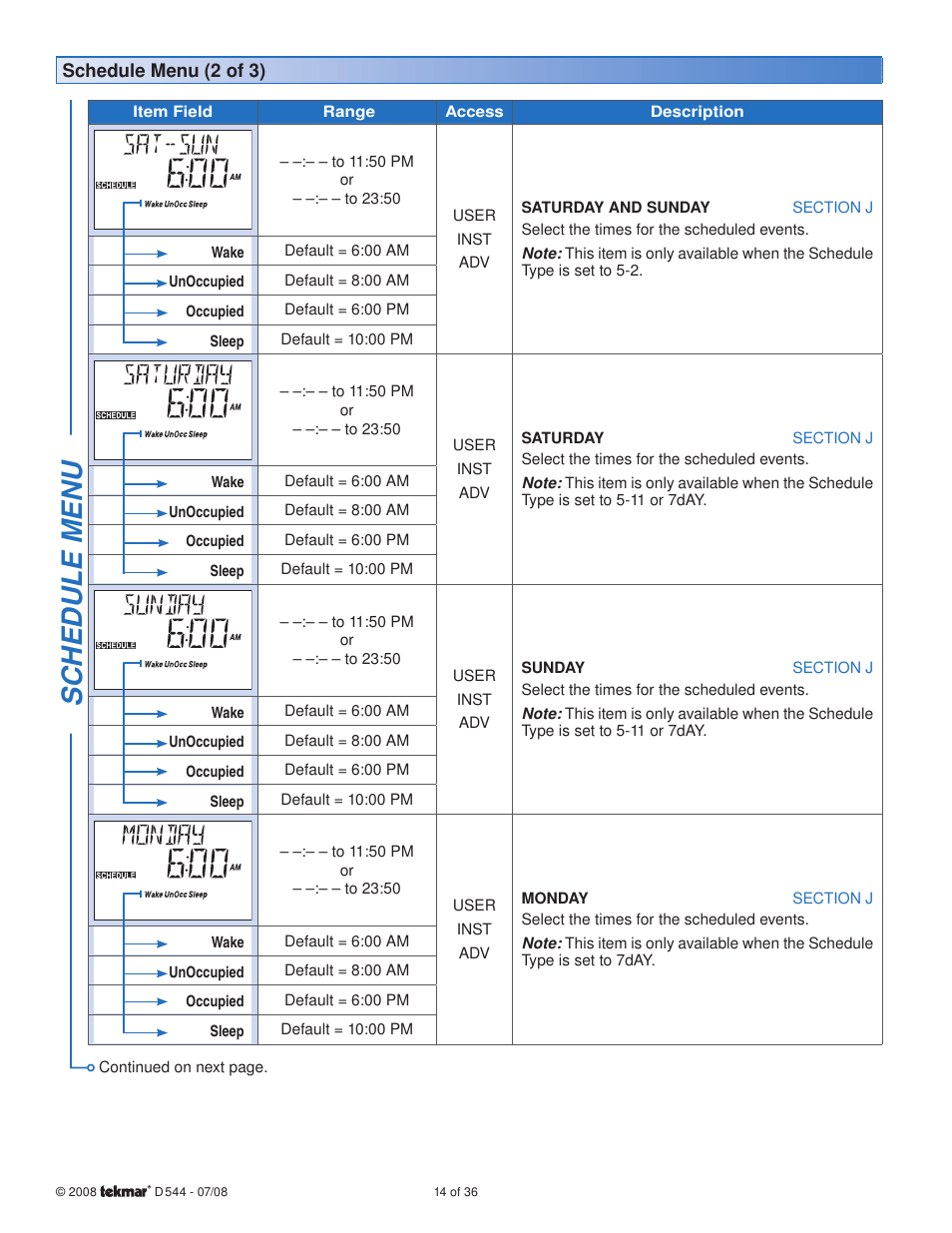 Sc hedule menu | tekmar 544 Thermostat Installation User Manual | Page 14 / 36