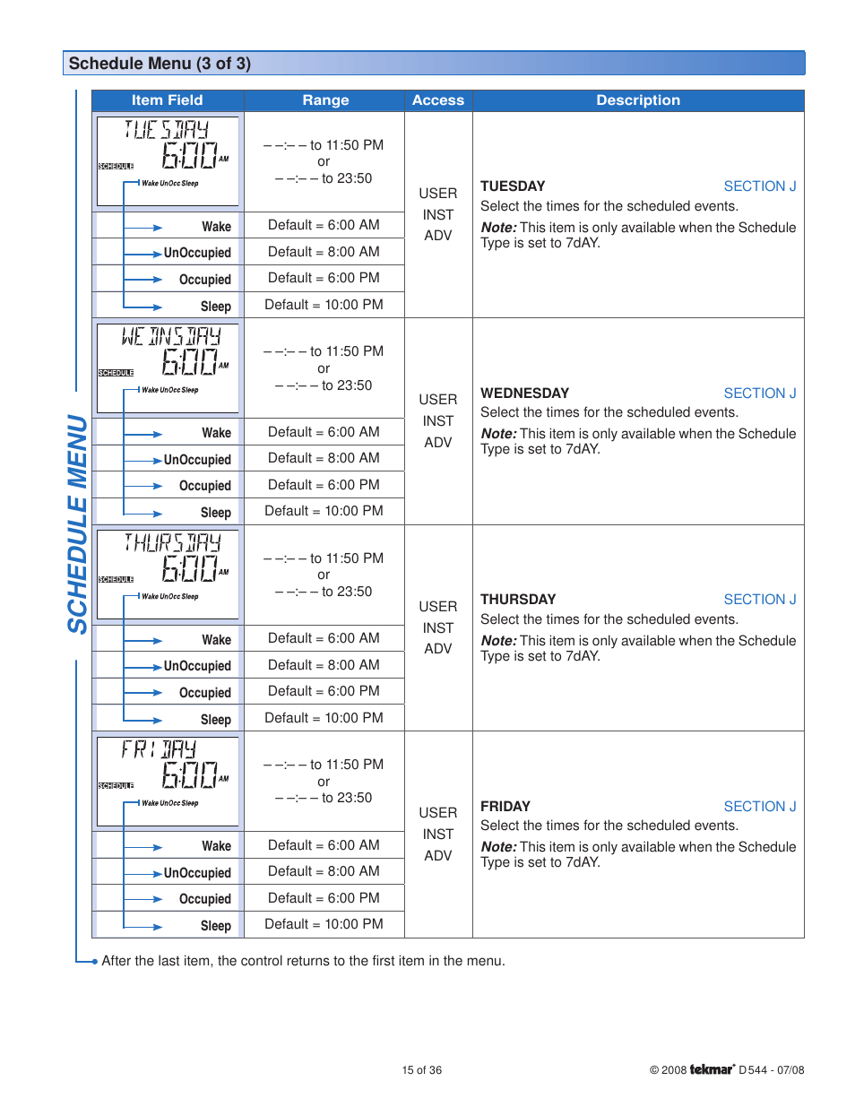 Sc hedule menu | tekmar 544 Thermostat Installation User Manual | Page 15 / 36