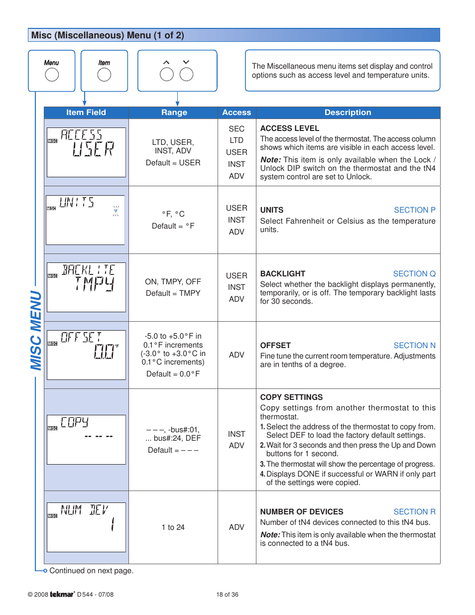 Misc menu | tekmar 544 Thermostat Installation User Manual | Page 18 / 36