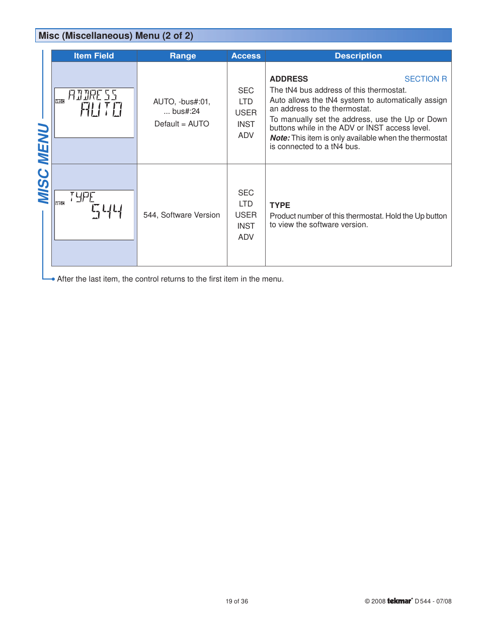 Misc menu | tekmar 544 Thermostat Installation User Manual | Page 19 / 36