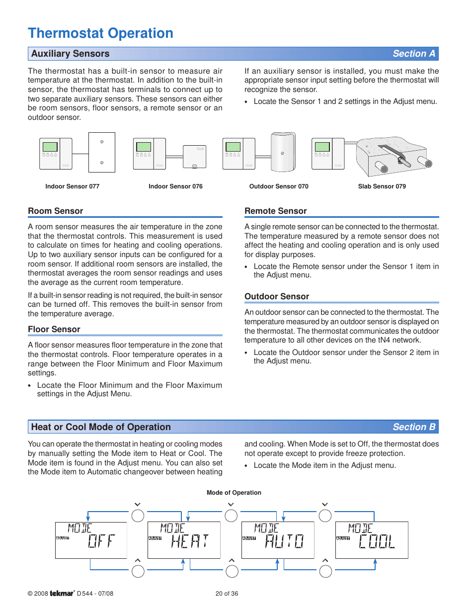 Thermostat operation | tekmar 544 Thermostat Installation User Manual | Page 20 / 36