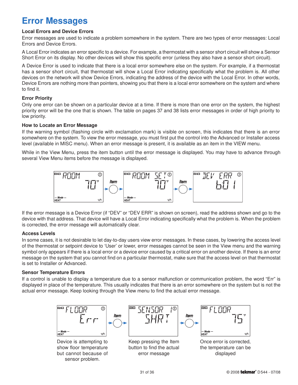 Error messages | tekmar 544 Thermostat Installation User Manual | Page 31 / 36