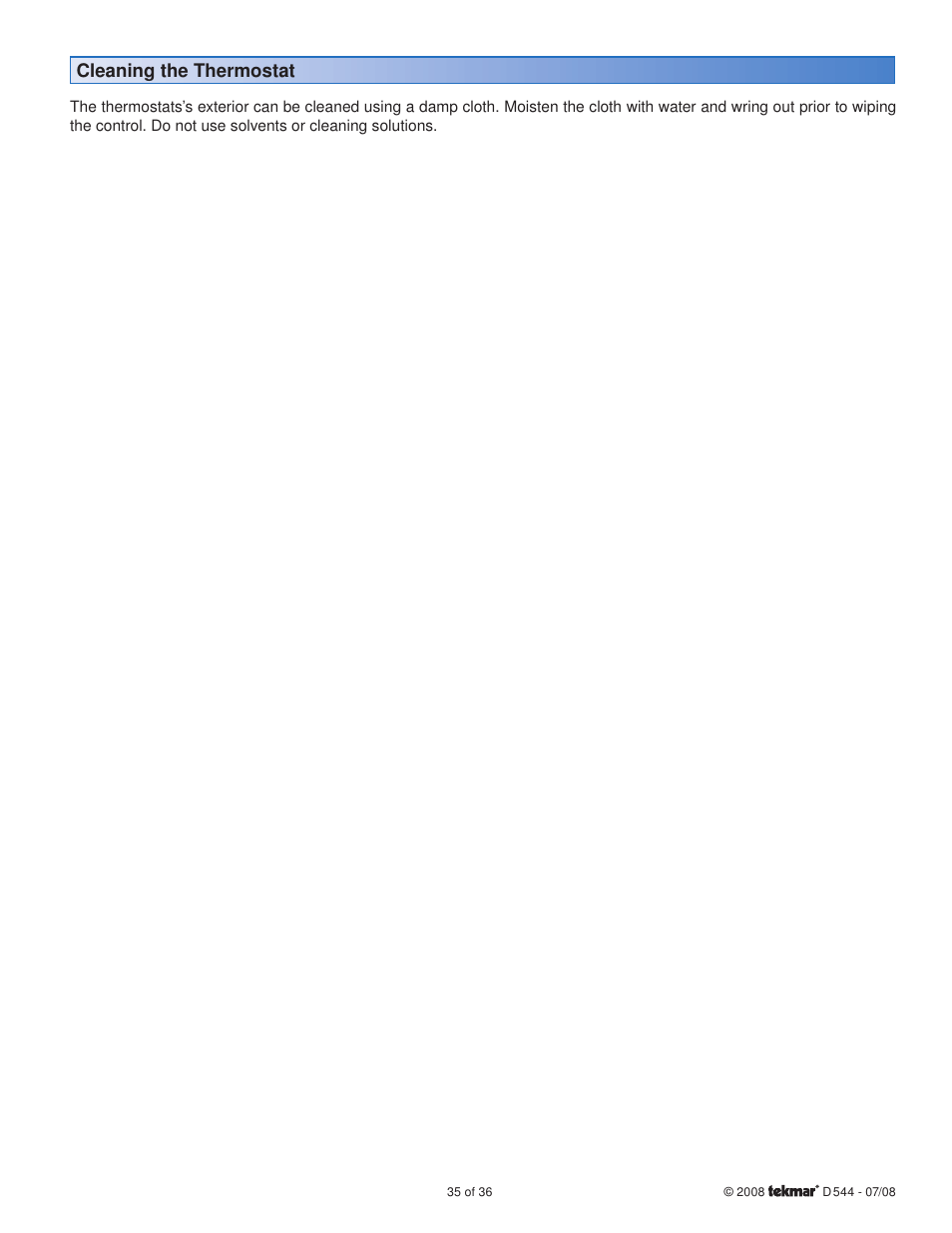 Cleaning the thermostat | tekmar 544 Thermostat Installation User Manual | Page 35 / 36