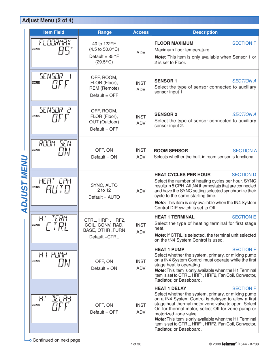 Adjus t menu | tekmar 544 Thermostat Installation User Manual | Page 7 / 36