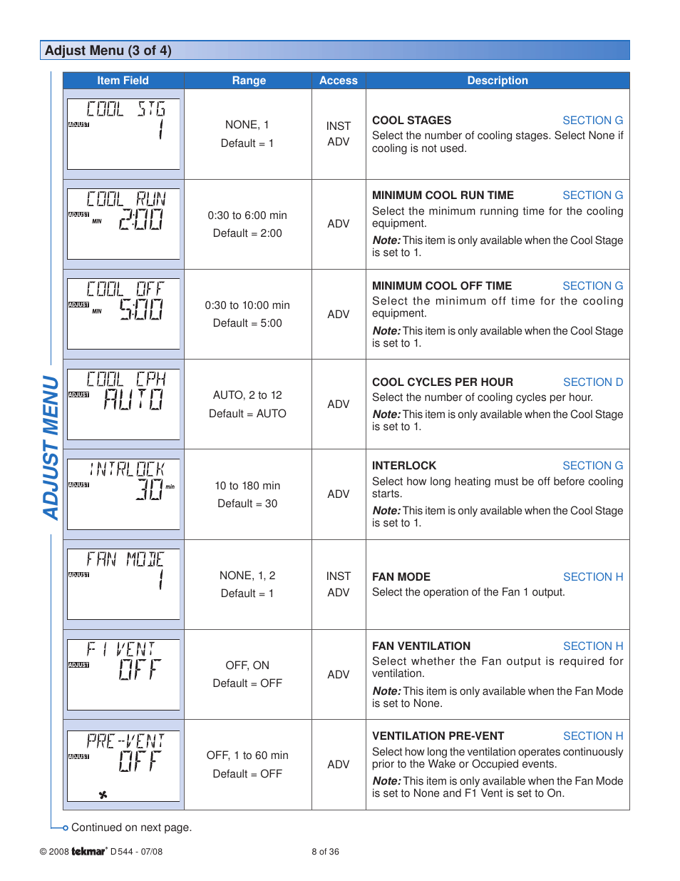 Adjus t menu | tekmar 544 Thermostat Installation User Manual | Page 8 / 36