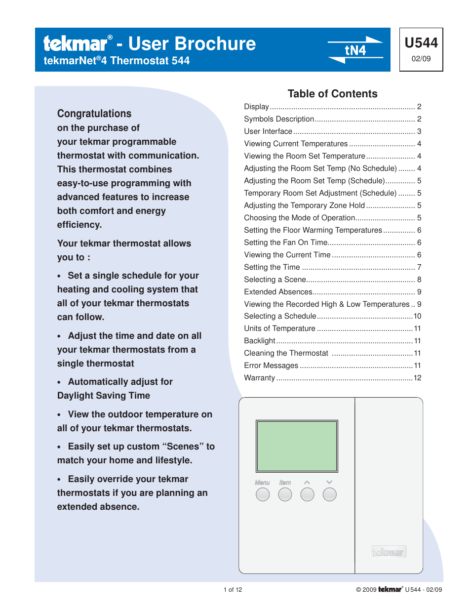 tekmar 544 Thermostat User Manuals User Manual | 12 pages