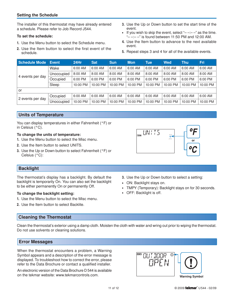 Error messages | tekmar 544 Thermostat User Manuals User Manual | Page 11 / 12