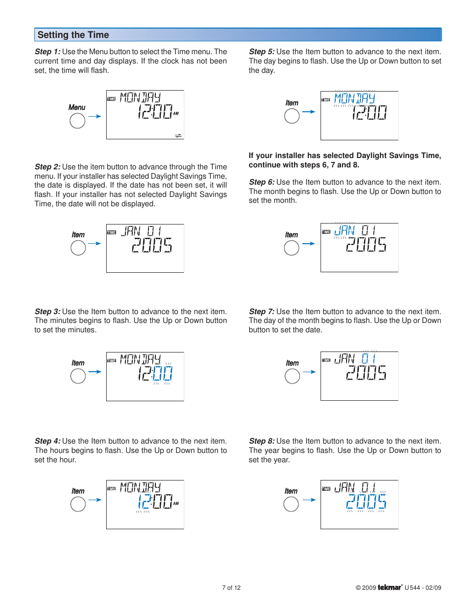 Setting the time | tekmar 544 Thermostat User Manuals User Manual | Page 7 / 12