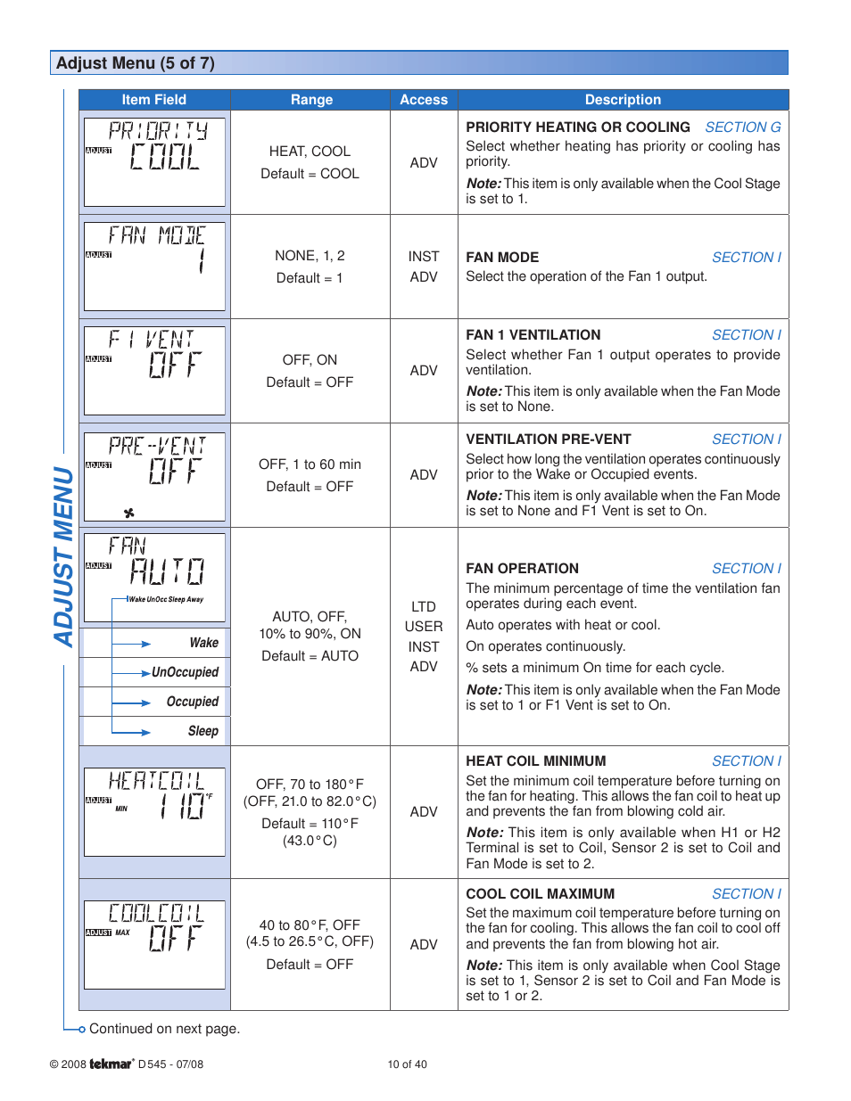 Adjus t menu | tekmar 545 Thermostat Installation User Manual | Page 10 / 40