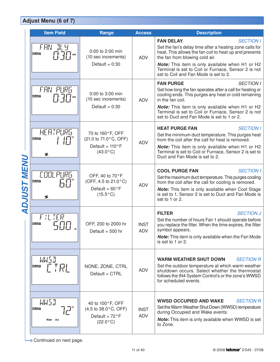 Adjus t menu | tekmar 545 Thermostat Installation User Manual | Page 11 / 40