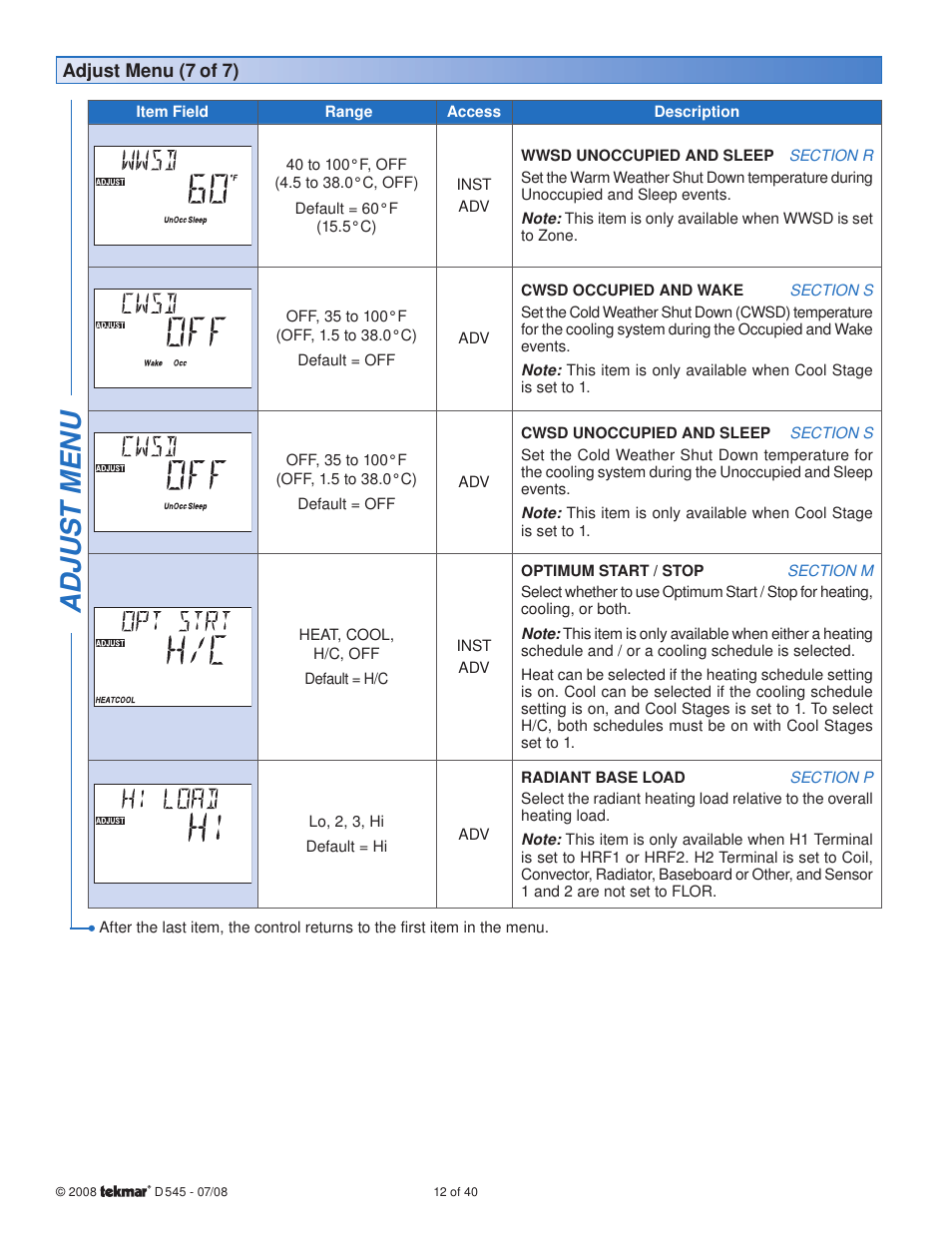 Adjus t menu | tekmar 545 Thermostat Installation User Manual | Page 12 / 40