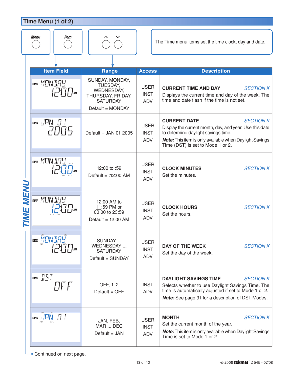 Time menu | tekmar 545 Thermostat Installation User Manual | Page 13 / 40