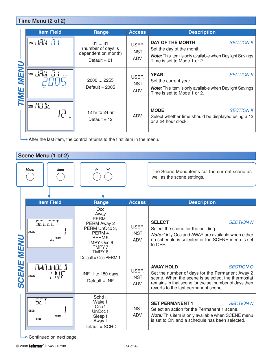 Time menu, Scene menu | tekmar 545 Thermostat Installation User Manual | Page 14 / 40