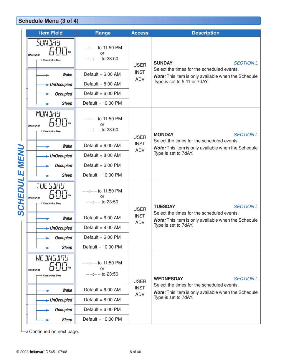 Sc hedule menu | tekmar 545 Thermostat Installation User Manual | Page 18 / 40