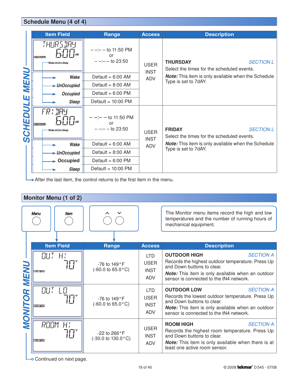 Sc hedule menu, Monit or menu | tekmar 545 Thermostat Installation User Manual | Page 19 / 40