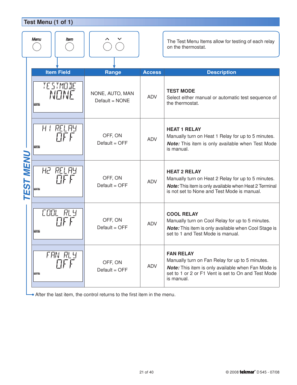 Tes t menu | tekmar 545 Thermostat Installation User Manual | Page 21 / 40