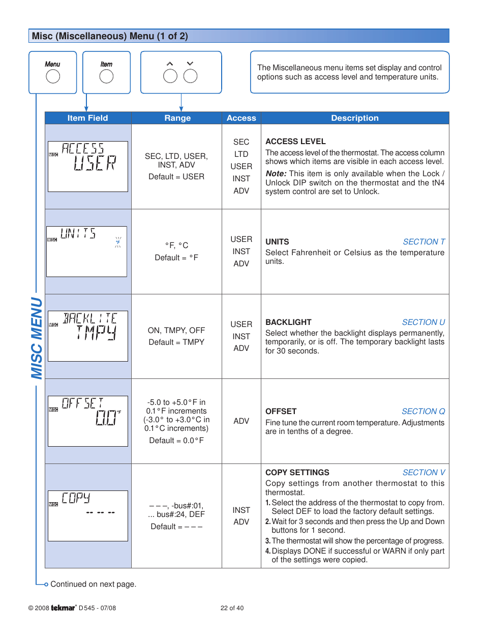 Misc menu | tekmar 545 Thermostat Installation User Manual | Page 22 / 40