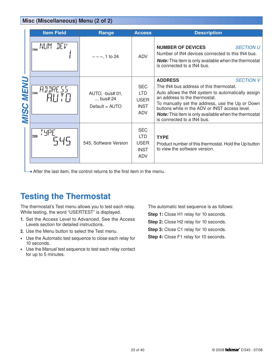 Misc menu, Testing the thermostat | tekmar 545 Thermostat Installation User Manual | Page 23 / 40