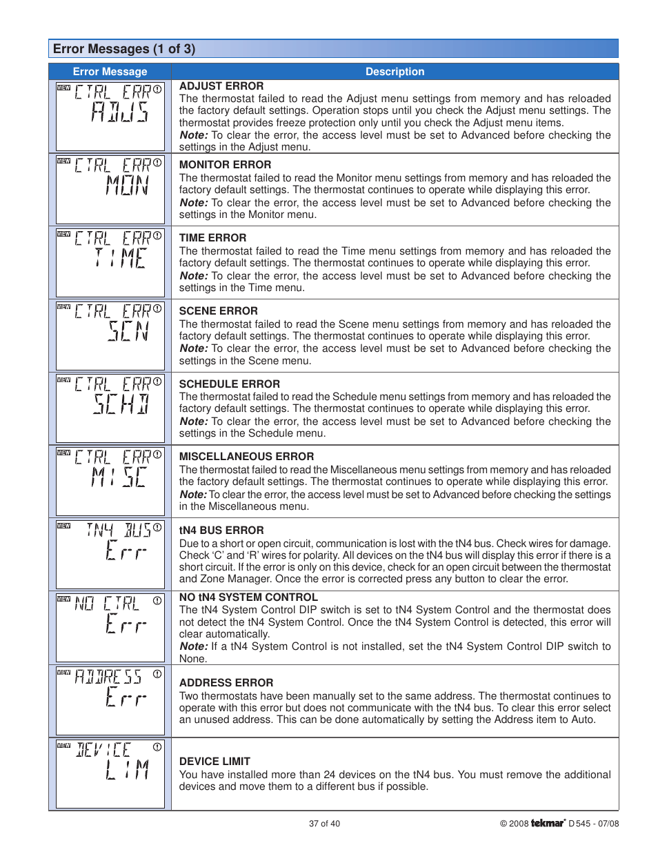 Error messages (1 of 3) | tekmar 545 Thermostat Installation User Manual | Page 37 / 40