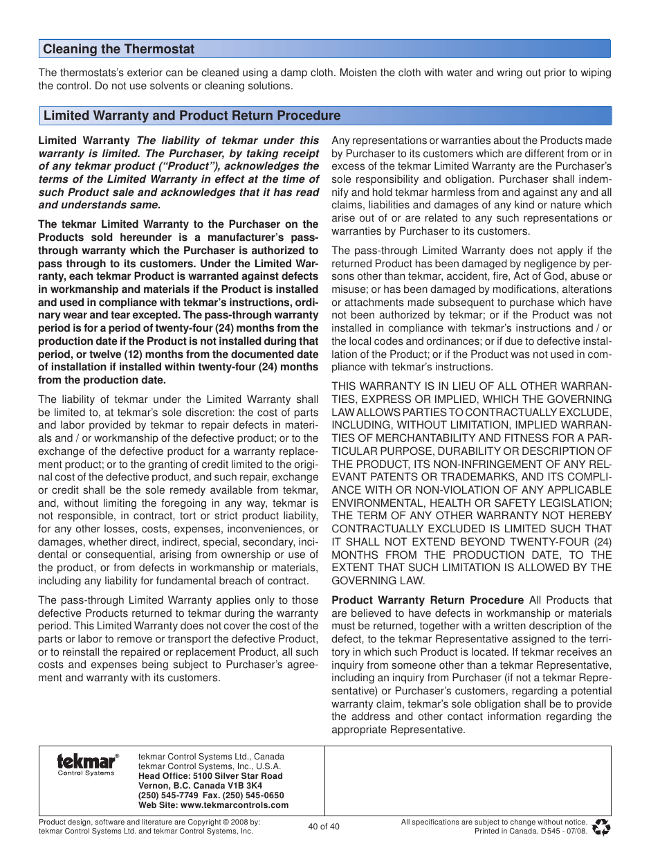 Limited warranty and product return procedure, Cleaning the thermostat | tekmar 545 Thermostat Installation User Manual | Page 40 / 40