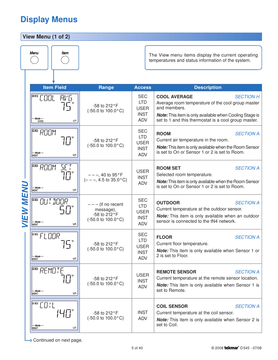 Display menus, View menu | tekmar 545 Thermostat Installation User Manual | Page 5 / 40