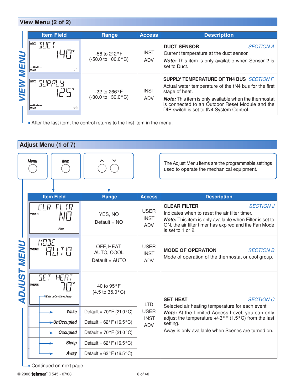 View menu, Adjus t menu | tekmar 545 Thermostat Installation User Manual | Page 6 / 40