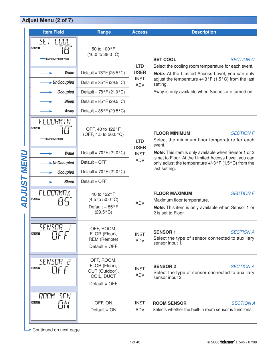 Adjus t menu | tekmar 545 Thermostat Installation User Manual | Page 7 / 40