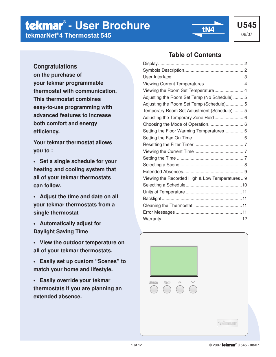 tekmar 545 Thermostat User Manuals User Manual | 12 pages