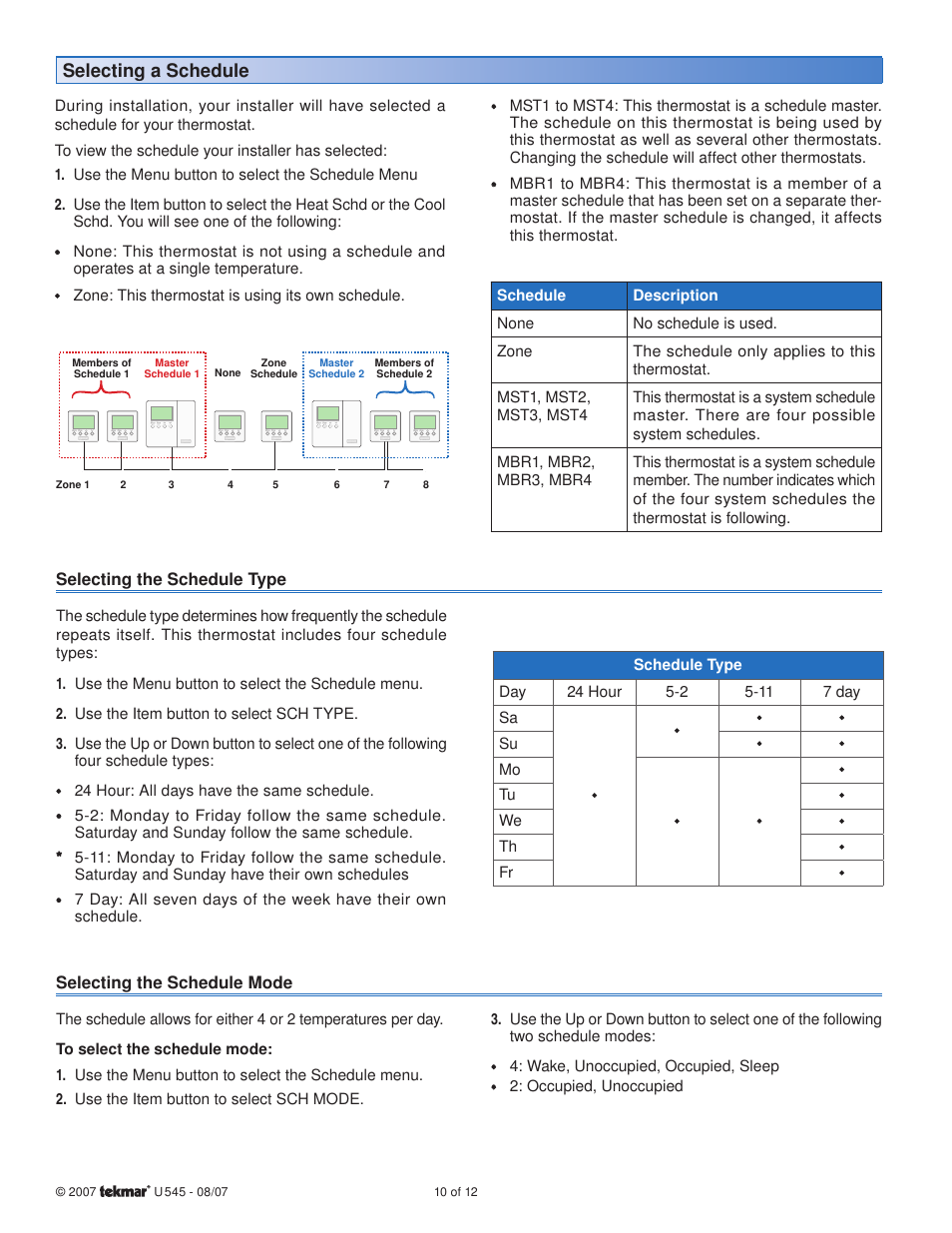 Selecting a schedule | tekmar 545 Thermostat User Manuals User Manual | Page 10 / 12