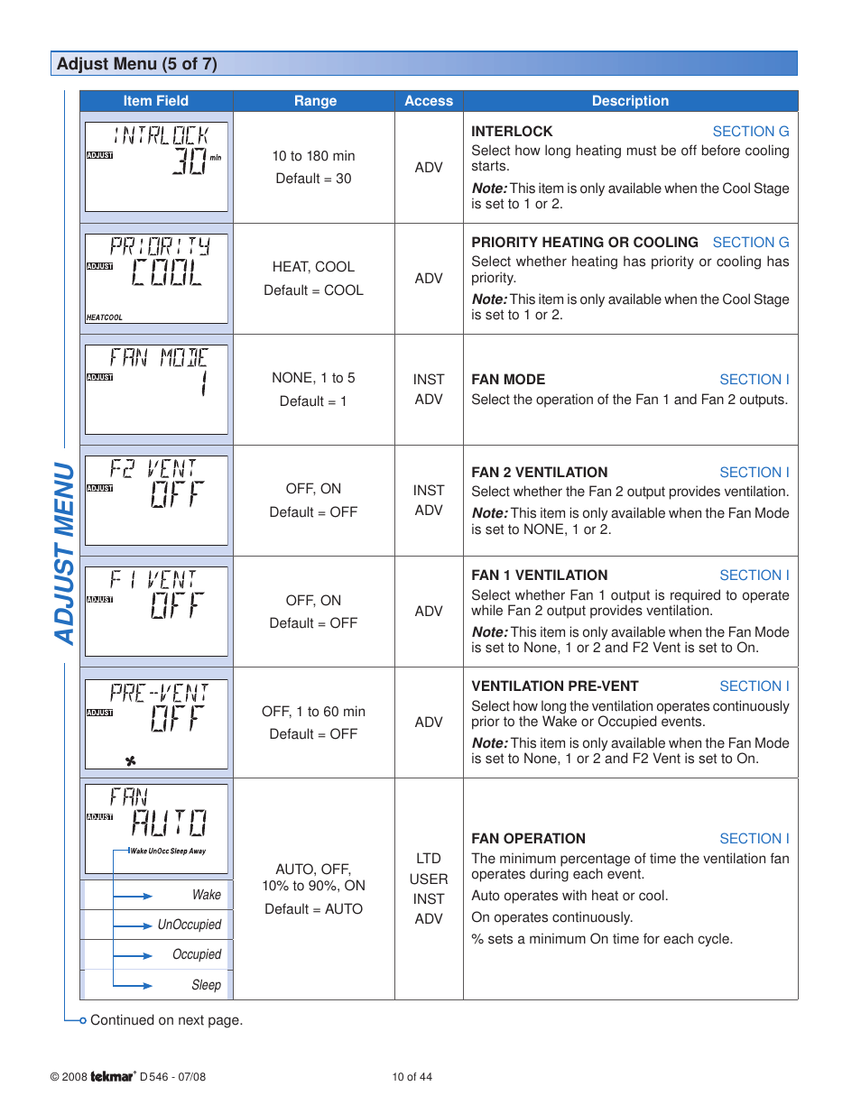 Adjus t menu | tekmar 546 Thermostat Installation User Manual | Page 10 / 44