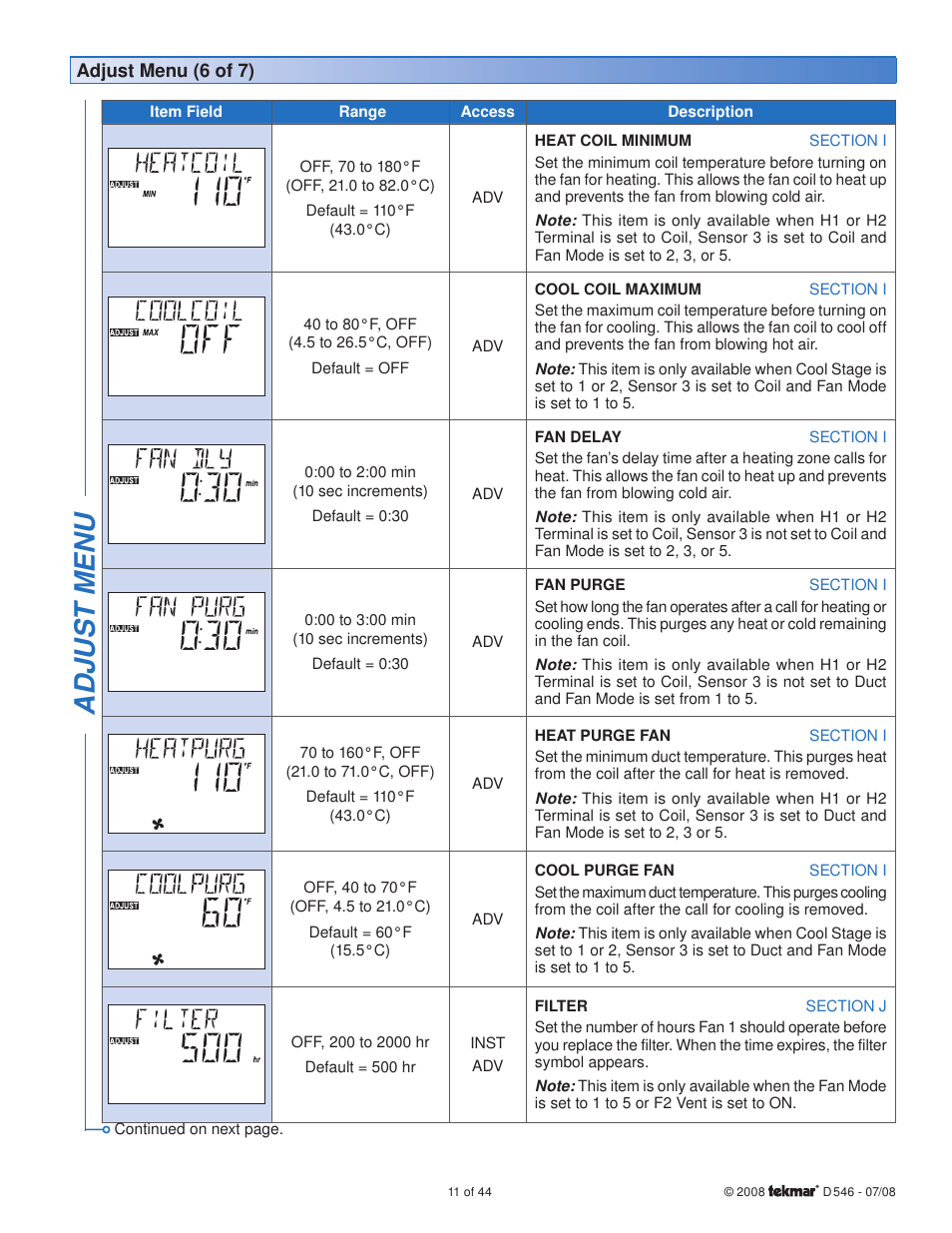 Adjus t menu | tekmar 546 Thermostat Installation User Manual | Page 11 / 44
