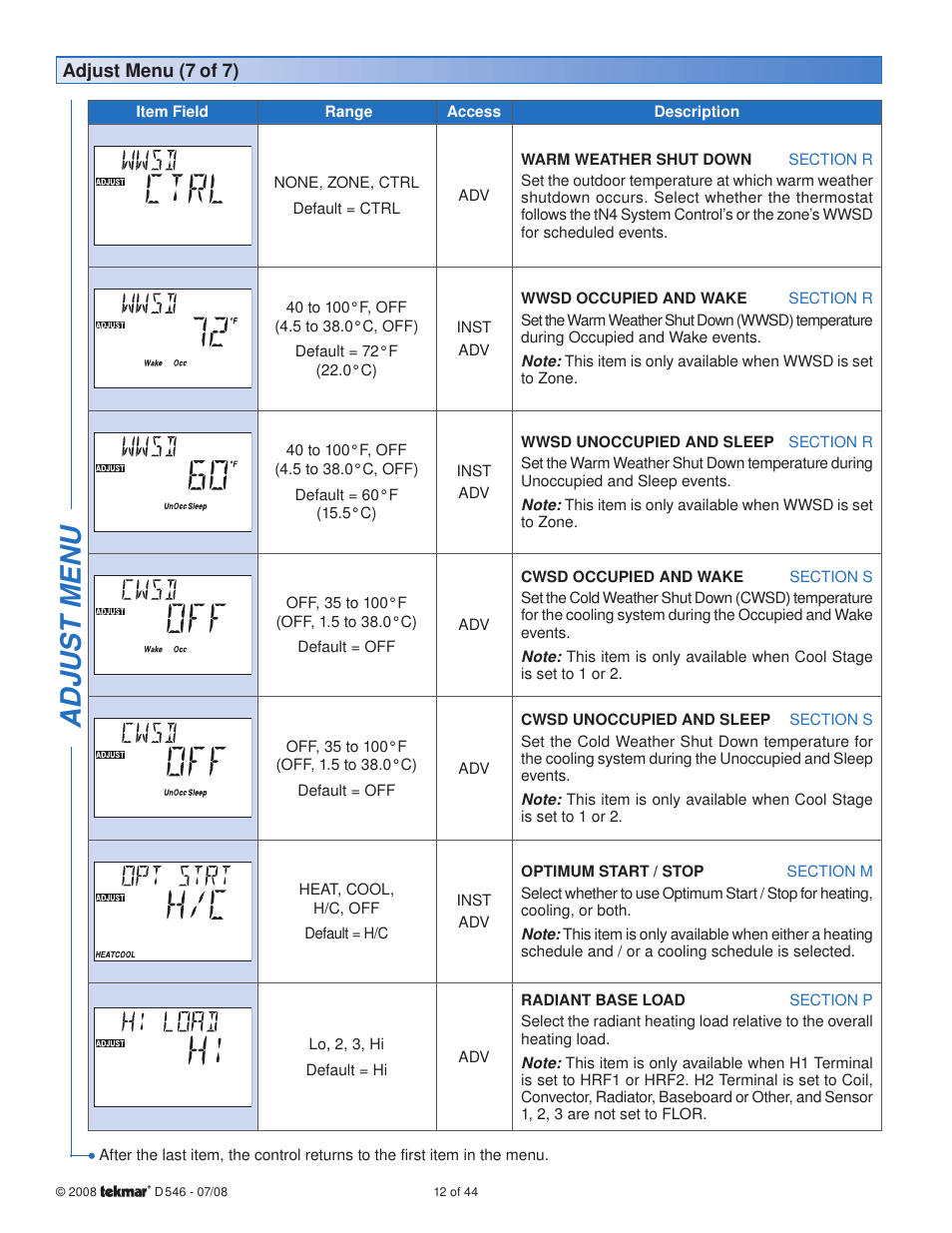 Adjus t menu | tekmar 546 Thermostat Installation User Manual | Page 12 / 44