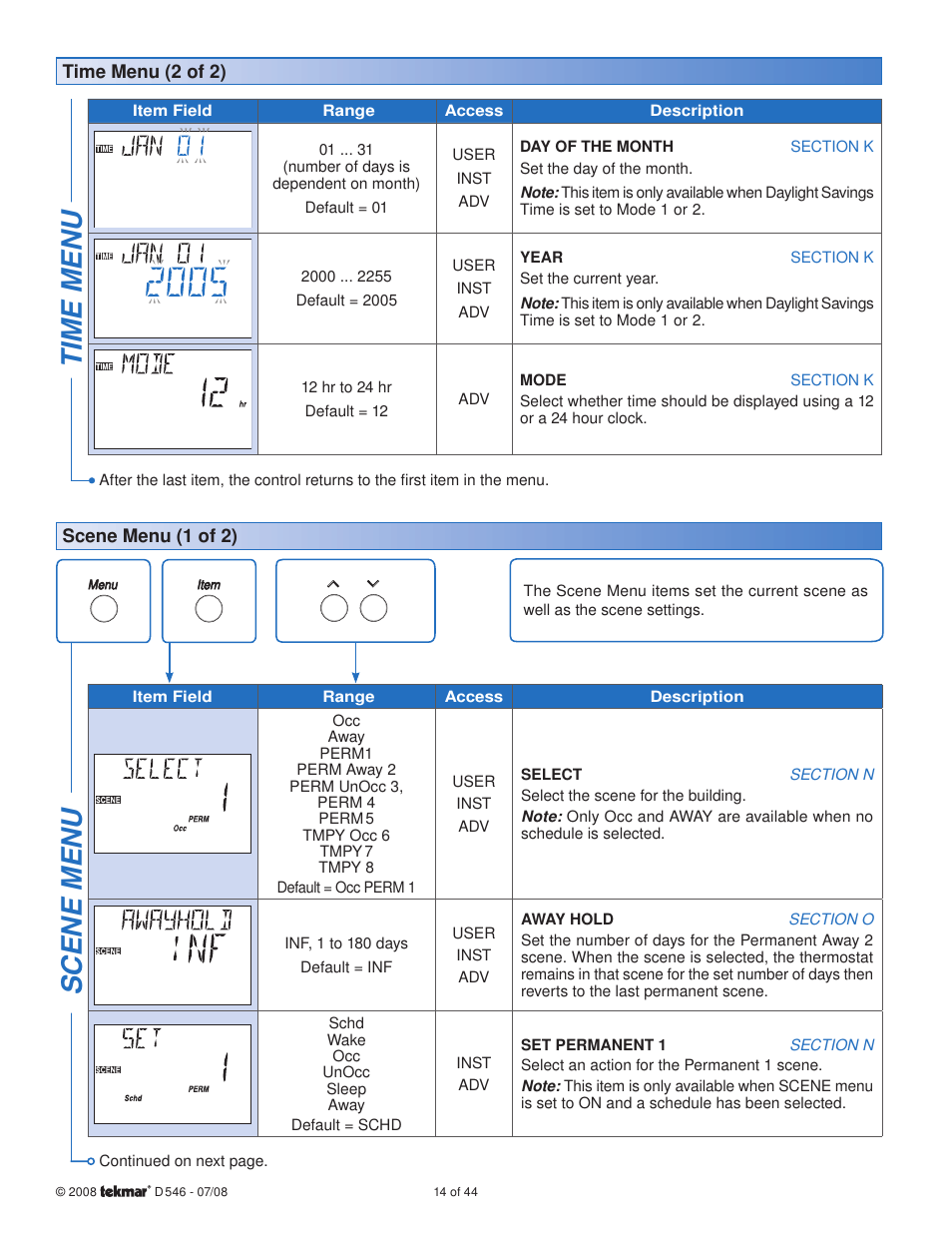 Time menu, Scene menu | tekmar 546 Thermostat Installation User Manual | Page 14 / 44