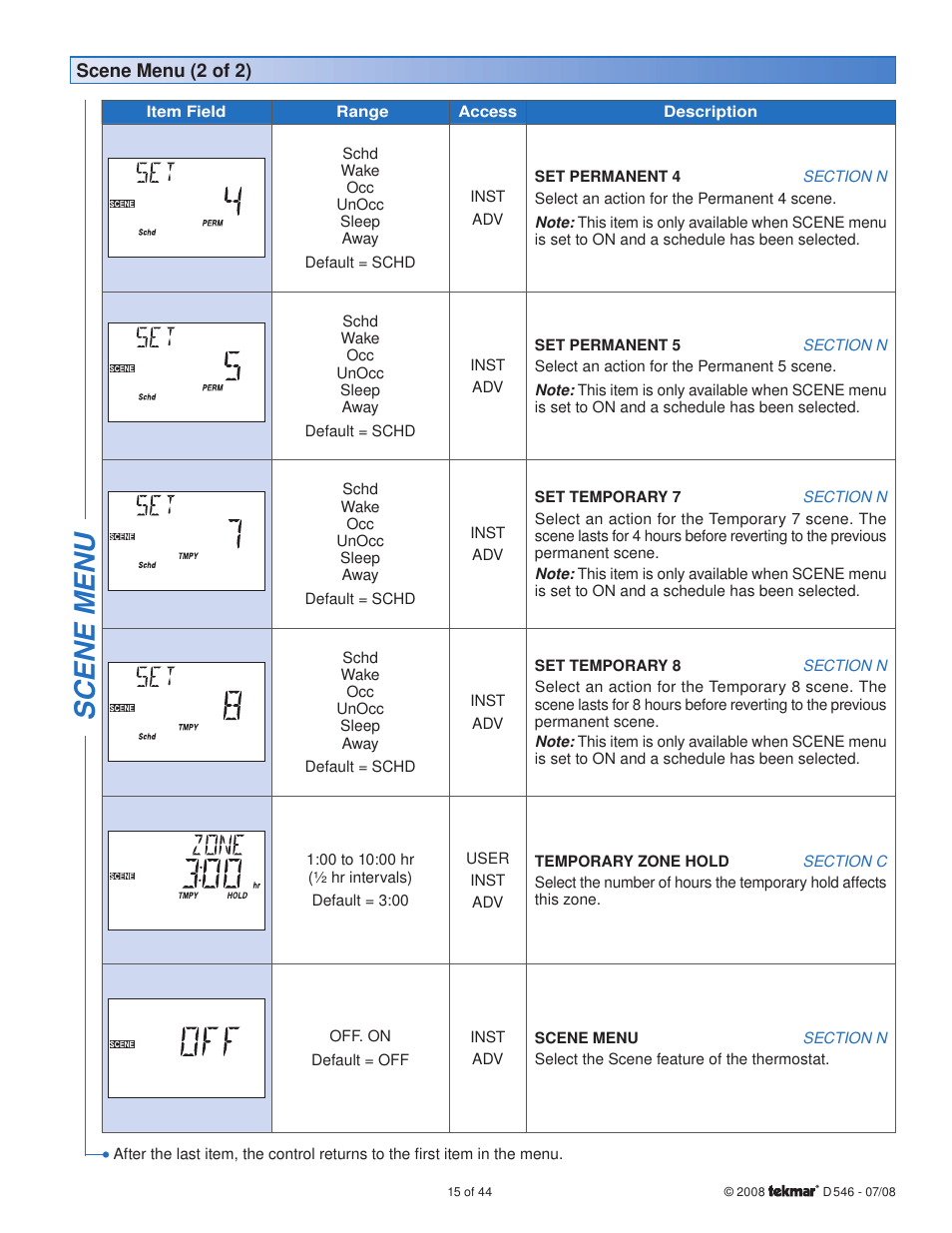 Scene menu | tekmar 546 Thermostat Installation User Manual | Page 15 / 44