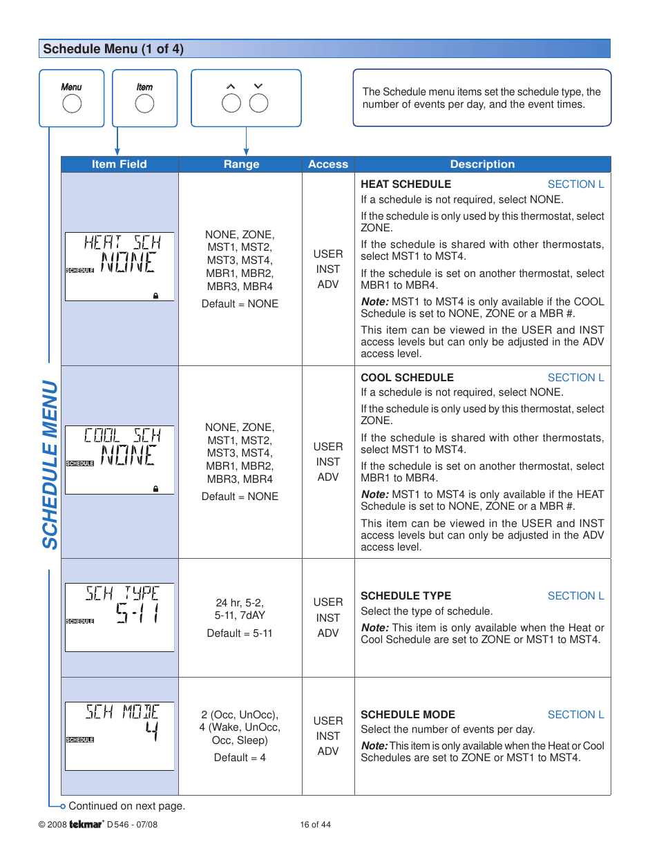 Sc hedule menu | tekmar 546 Thermostat Installation User Manual | Page 16 / 44