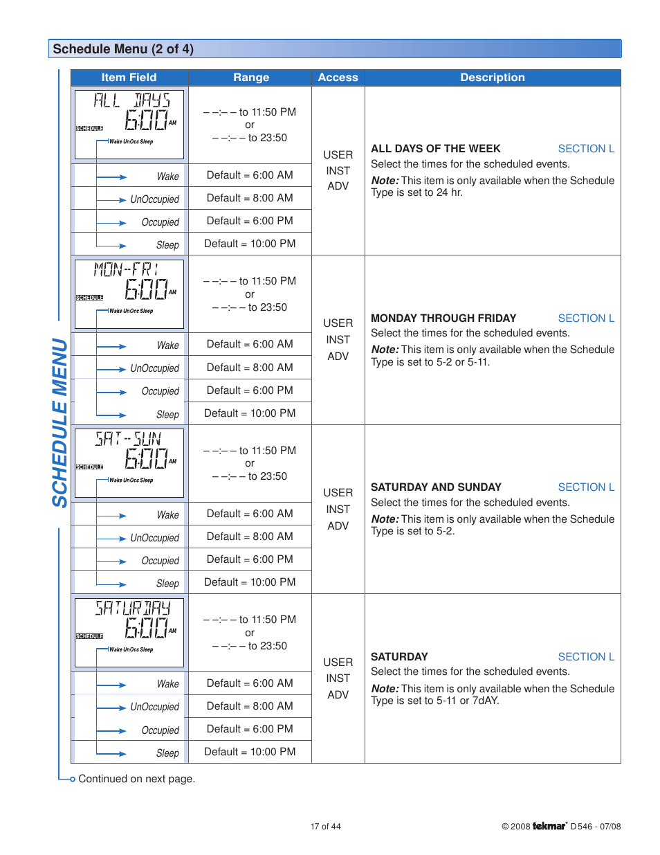 Sc hedule menu | tekmar 546 Thermostat Installation User Manual | Page 17 / 44