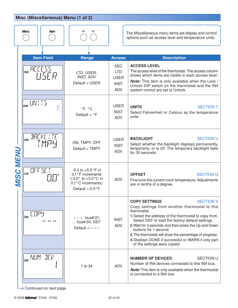 Misc menu | tekmar 546 Thermostat Installation User Manual | Page 22 / 44